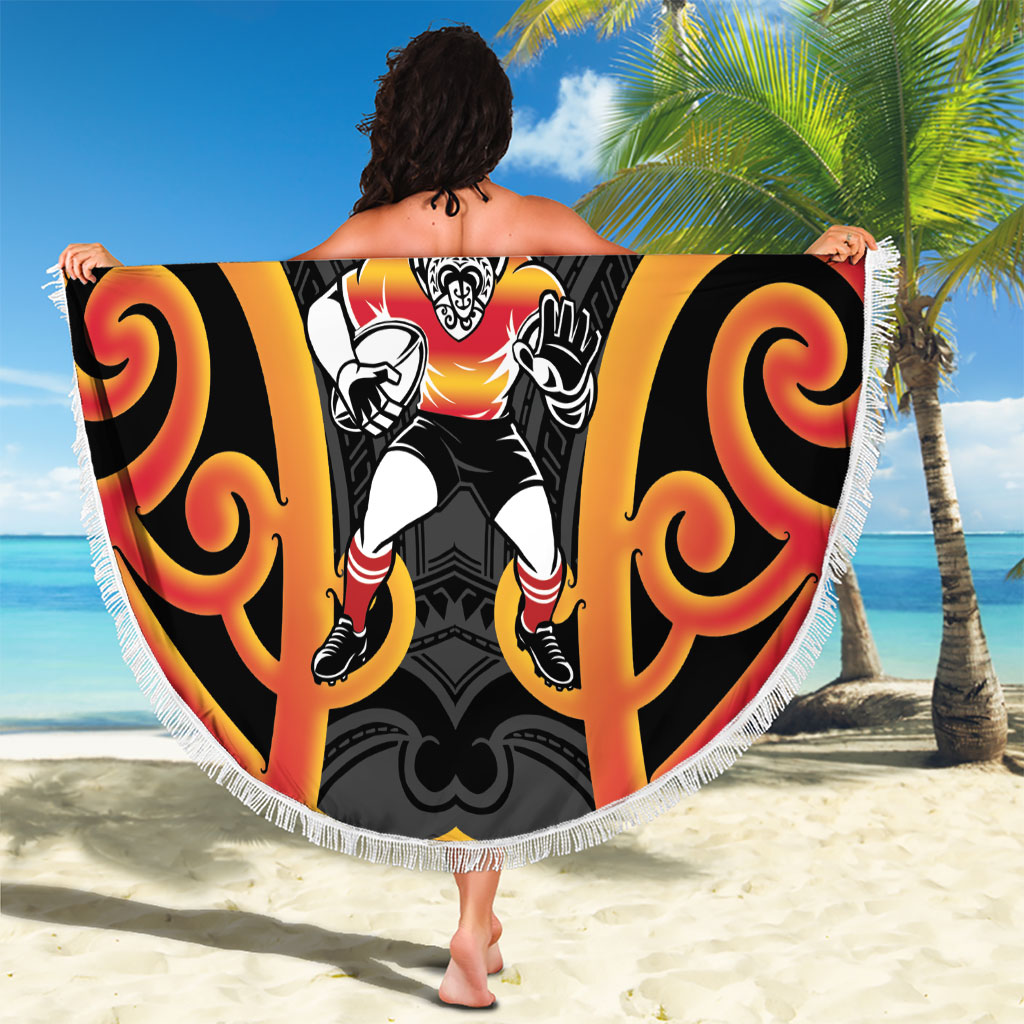 Waikato Custom Rugby New Zealand Beach Blanket Aotearoa Maori Pukana Tiki Mascot