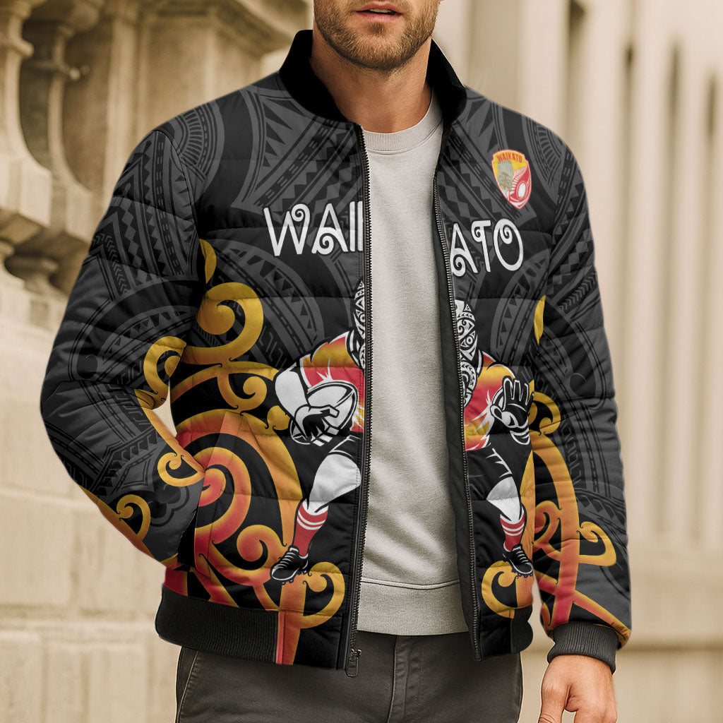 Waikato Custom Rugby New Zealand Bomber Puffer Jacket Aotearoa Maori Pukana Tiki Mascot