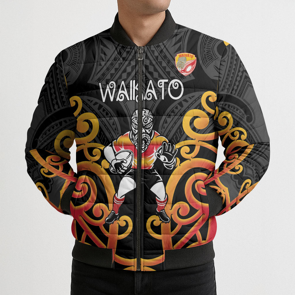 Waikato Custom Rugby New Zealand Bomber Puffer Jacket Aotearoa Maori Pukana Tiki Mascot