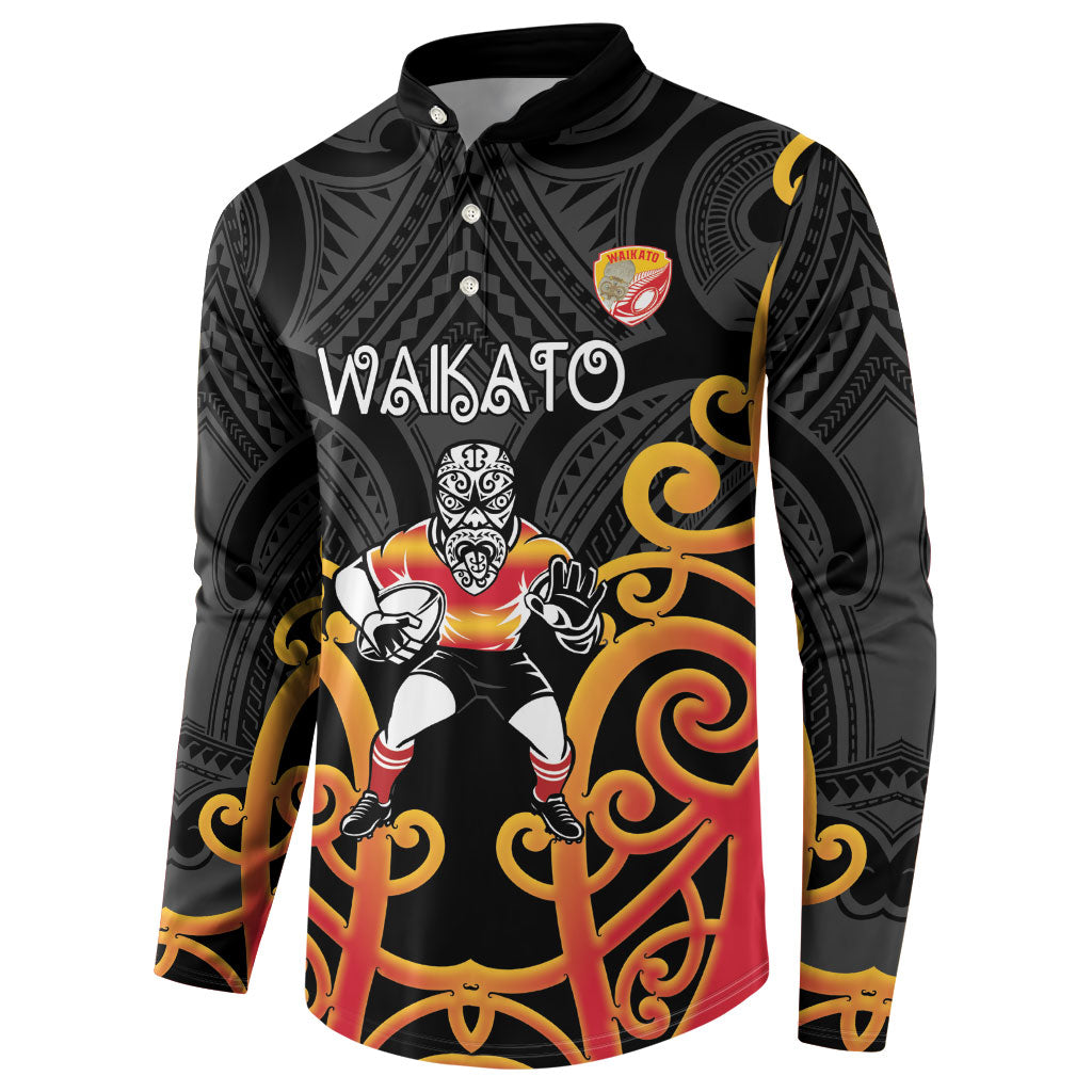 Waikato Custom Rugby New Zealand Button Sweatshirt Aotearoa Maori Pukana Tiki Mascot