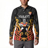 Waikato Custom Rugby New Zealand Button Sweatshirt Aotearoa Maori Pukana Tiki Mascot