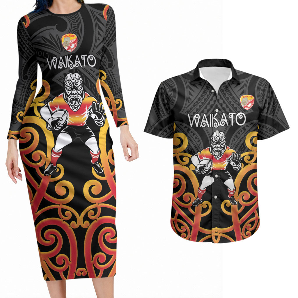 Waikato Custom Rugby New Zealand Couples Matching Long Sleeve Bodycon Dress and Hawaiian Shirt Aotearoa Maori Pukana Tiki Mascot