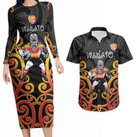 Waikato Custom Rugby New Zealand Couples Matching Long Sleeve Bodycon Dress and Hawaiian Shirt Aotearoa Maori Pukana Tiki Mascot
