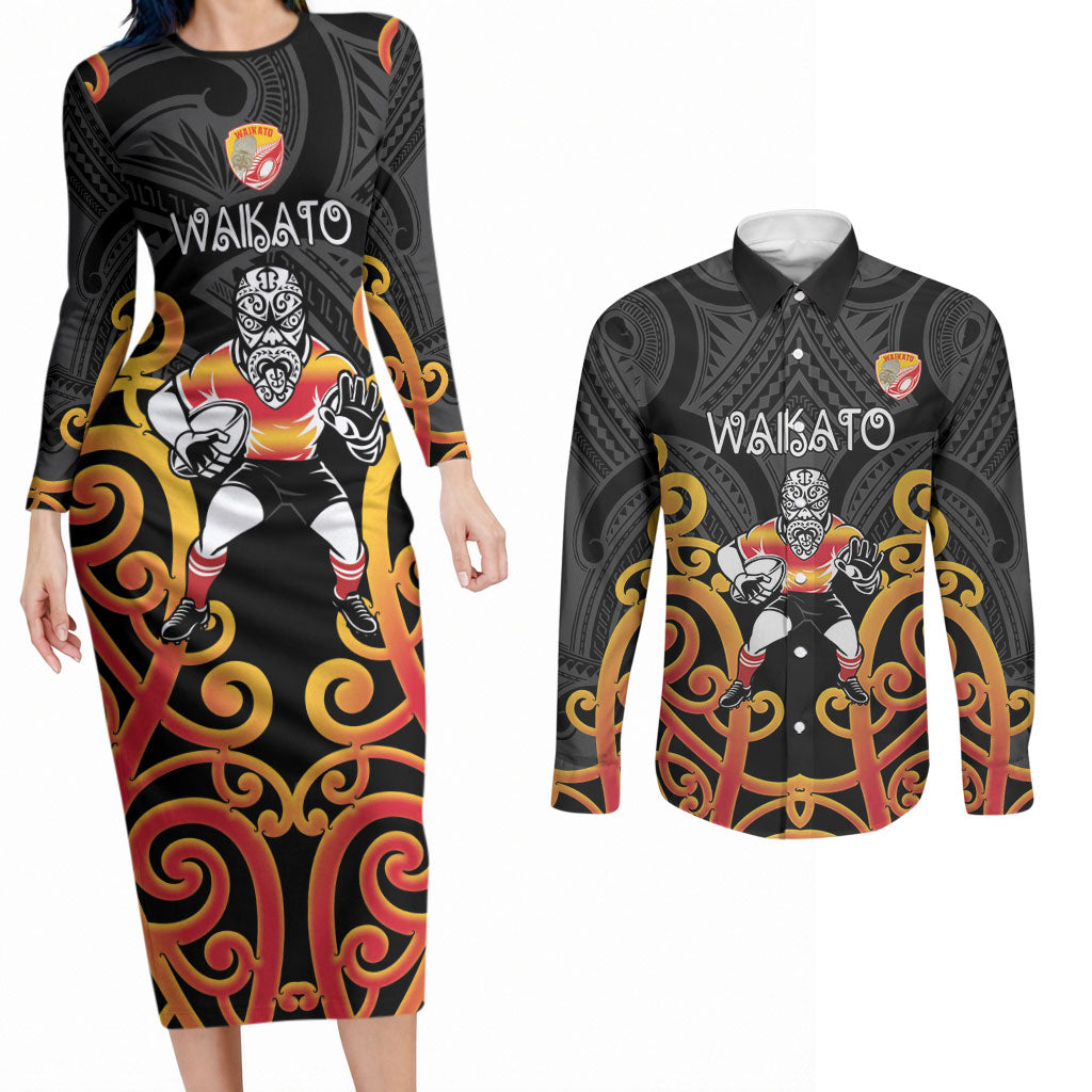 Waikato Custom Rugby New Zealand Couples Matching Long Sleeve Bodycon Dress and Long Sleeve Button Shirt Aotearoa Maori Pukana Tiki Mascot