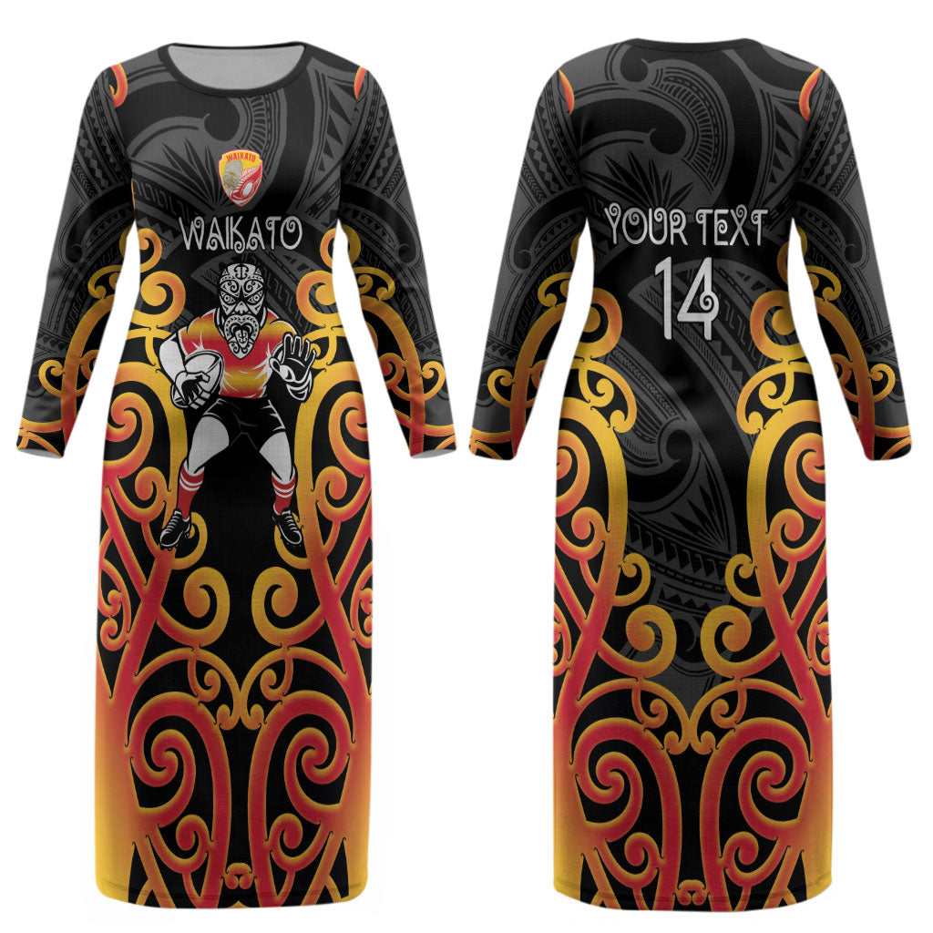Waikato Custom Rugby New Zealand Couples Matching Long Sleeve Bodycon Dress and Long Sleeve Button Shirt Aotearoa Maori Pukana Tiki Mascot