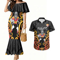Waikato Custom Rugby New Zealand Couples Matching Mermaid Dress and Hawaiian Shirt Aotearoa Maori Pukana Tiki Mascot
