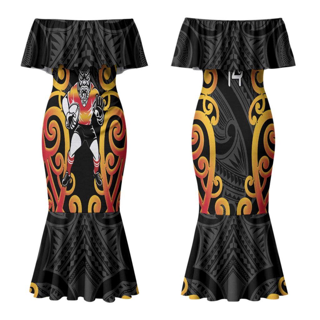 Waikato Custom Rugby New Zealand Couples Matching Mermaid Dress and Hawaiian Shirt Aotearoa Maori Pukana Tiki Mascot
