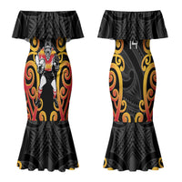 Waikato Custom Rugby New Zealand Couples Matching Mermaid Dress and Long Sleeve Button Shirt Aotearoa Maori Pukana Tiki Mascot