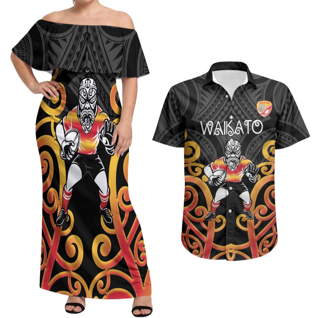 Waikato Custom Rugby New Zealand Couples Matching Off Shoulder Maxi Dress and Hawaiian Shirt Aotearoa Maori Pukana Tiki Mascot