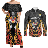 Waikato Custom Rugby New Zealand Couples Matching Off Shoulder Maxi Dress and Long Sleeve Button Shirt Aotearoa Maori Pukana Tiki Mascot