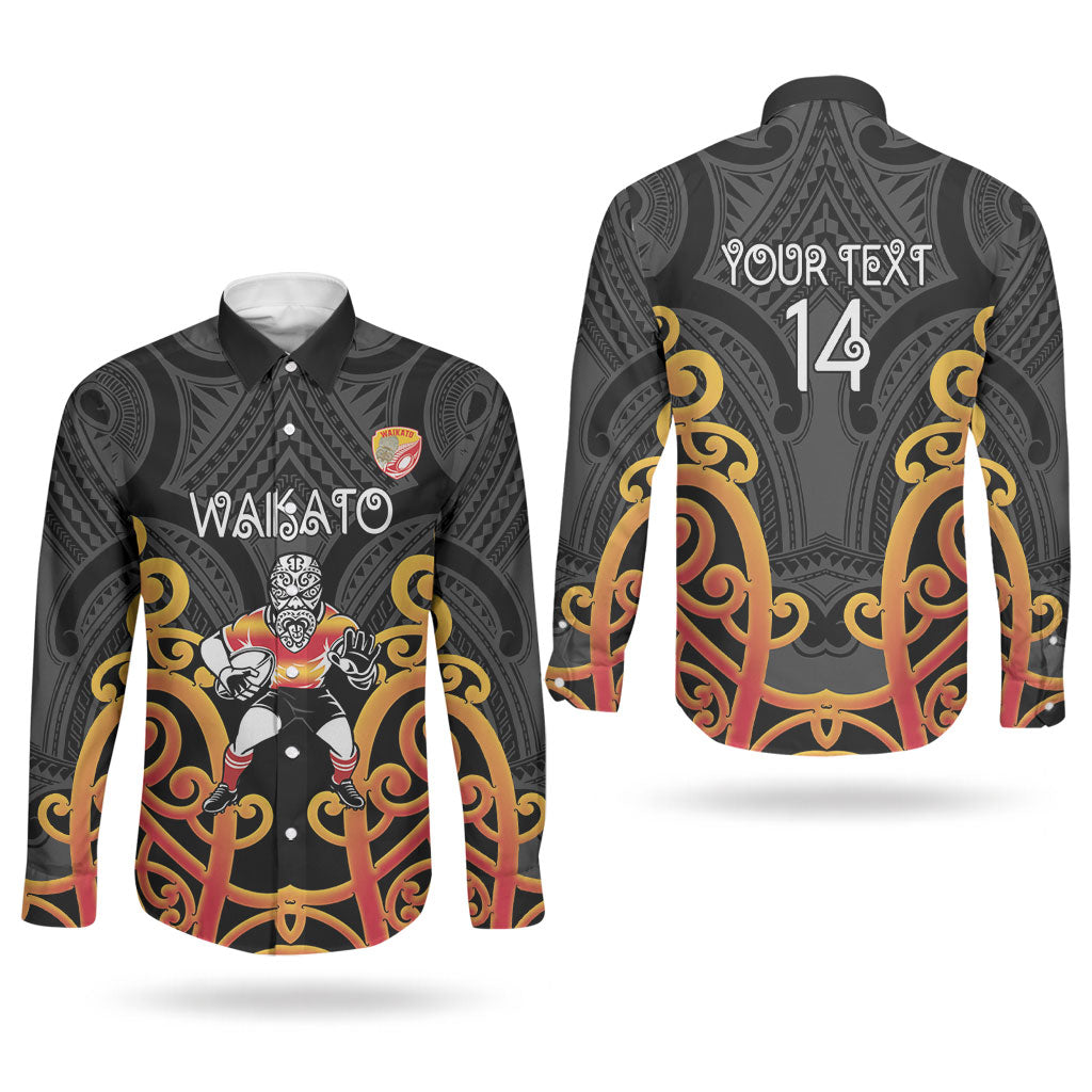 Waikato Custom Rugby New Zealand Couples Matching Off Shoulder Maxi Dress and Long Sleeve Button Shirt Aotearoa Maori Pukana Tiki Mascot