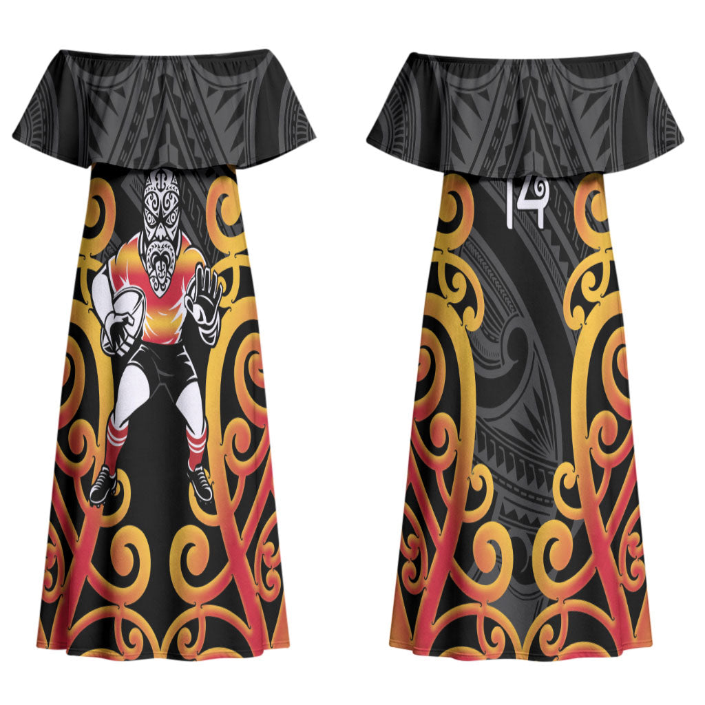 Waikato Custom Rugby New Zealand Couples Matching Off Shoulder Maxi Dress and Long Sleeve Button Shirt Aotearoa Maori Pukana Tiki Mascot