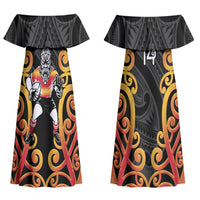 Waikato Custom Rugby New Zealand Couples Matching Off Shoulder Maxi Dress and Long Sleeve Button Shirt Aotearoa Maori Pukana Tiki Mascot