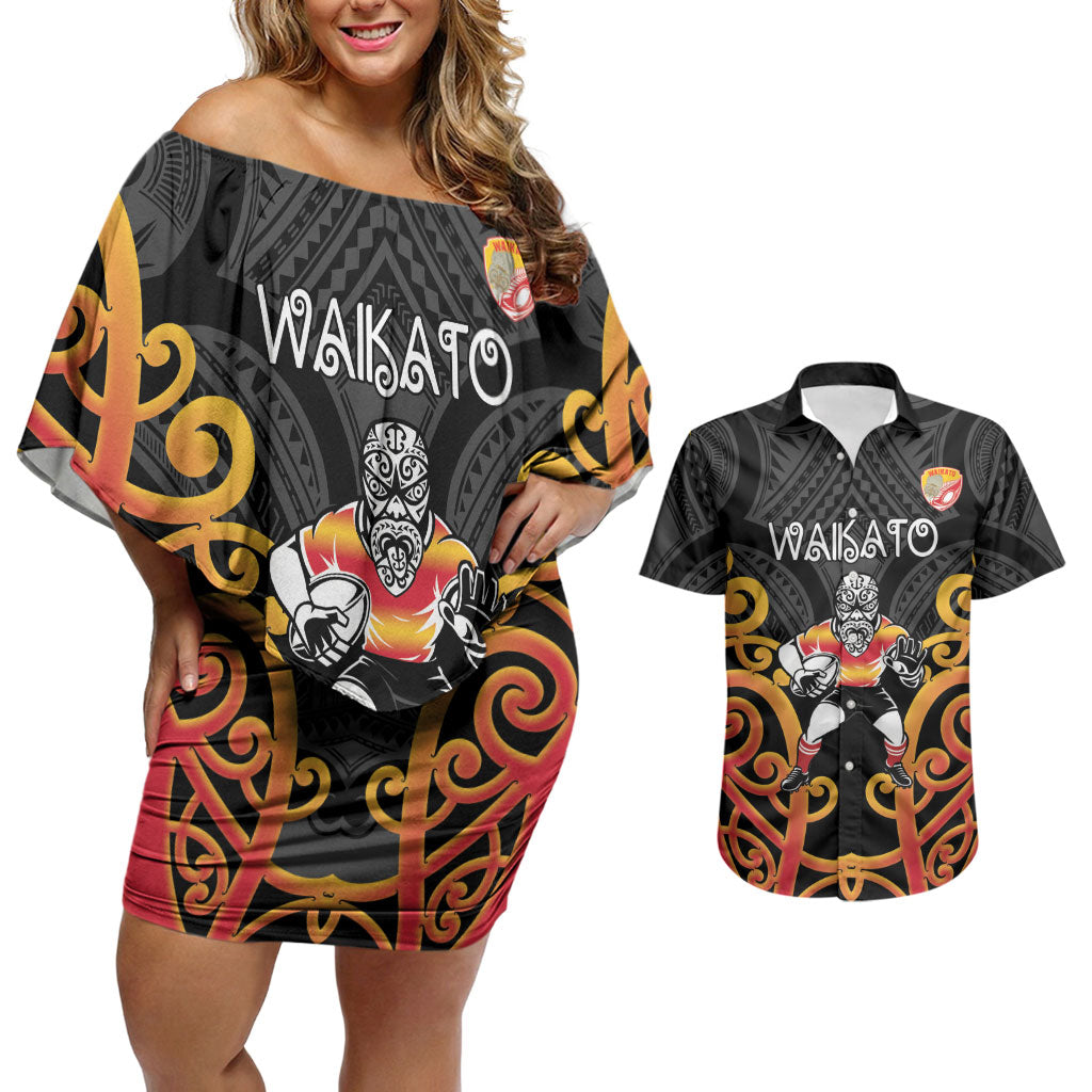 Waikato Custom Rugby New Zealand Couples Matching Off Shoulder Short Dress and Hawaiian Shirt Aotearoa Maori Pukana Tiki Mascot
