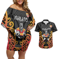 Waikato Custom Rugby New Zealand Couples Matching Off Shoulder Short Dress and Hawaiian Shirt Aotearoa Maori Pukana Tiki Mascot