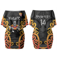 Waikato Custom Rugby New Zealand Couples Matching Off Shoulder Short Dress and Hawaiian Shirt Aotearoa Maori Pukana Tiki Mascot