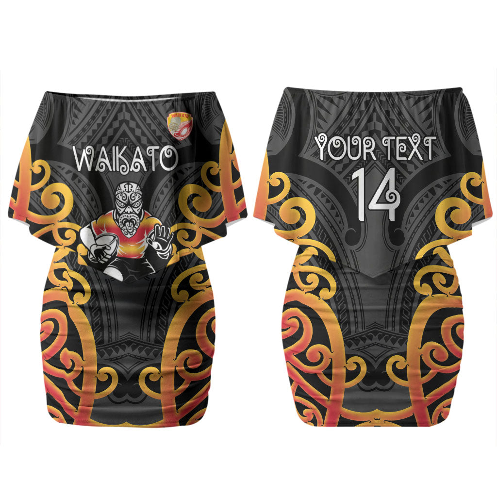 Waikato Custom Rugby New Zealand Couples Matching Off Shoulder Short Dress and Long Sleeve Button Shirt Aotearoa Maori Pukana Tiki Mascot