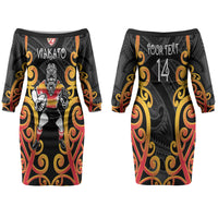 Waikato Custom Rugby New Zealand Couples Matching Off The Shoulder Long Sleeve Dress and Long Sleeve Button Shirt Aotearoa Maori Pukana Tiki Mascot