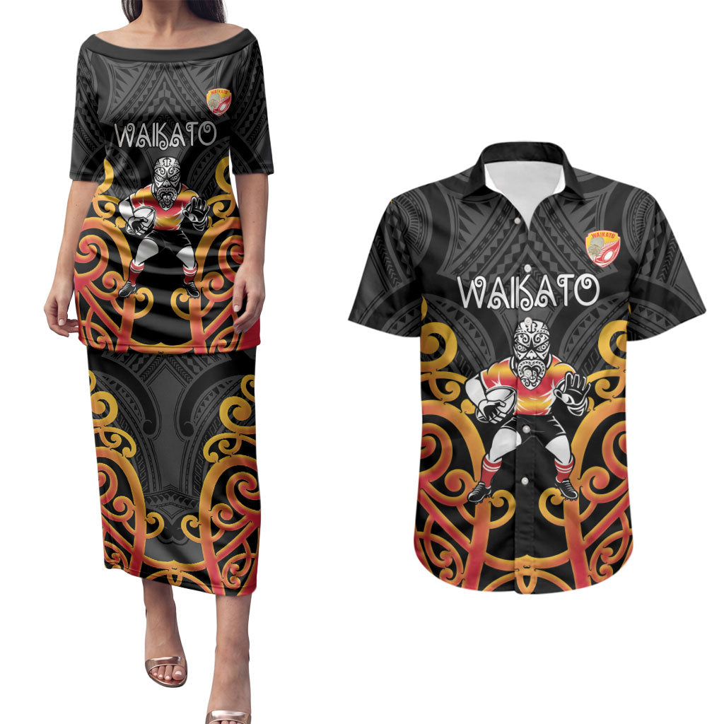 Waikato Custom Rugby New Zealand Couples Matching Puletasi and Hawaiian Shirt Aotearoa Maori Pukana Tiki Mascot