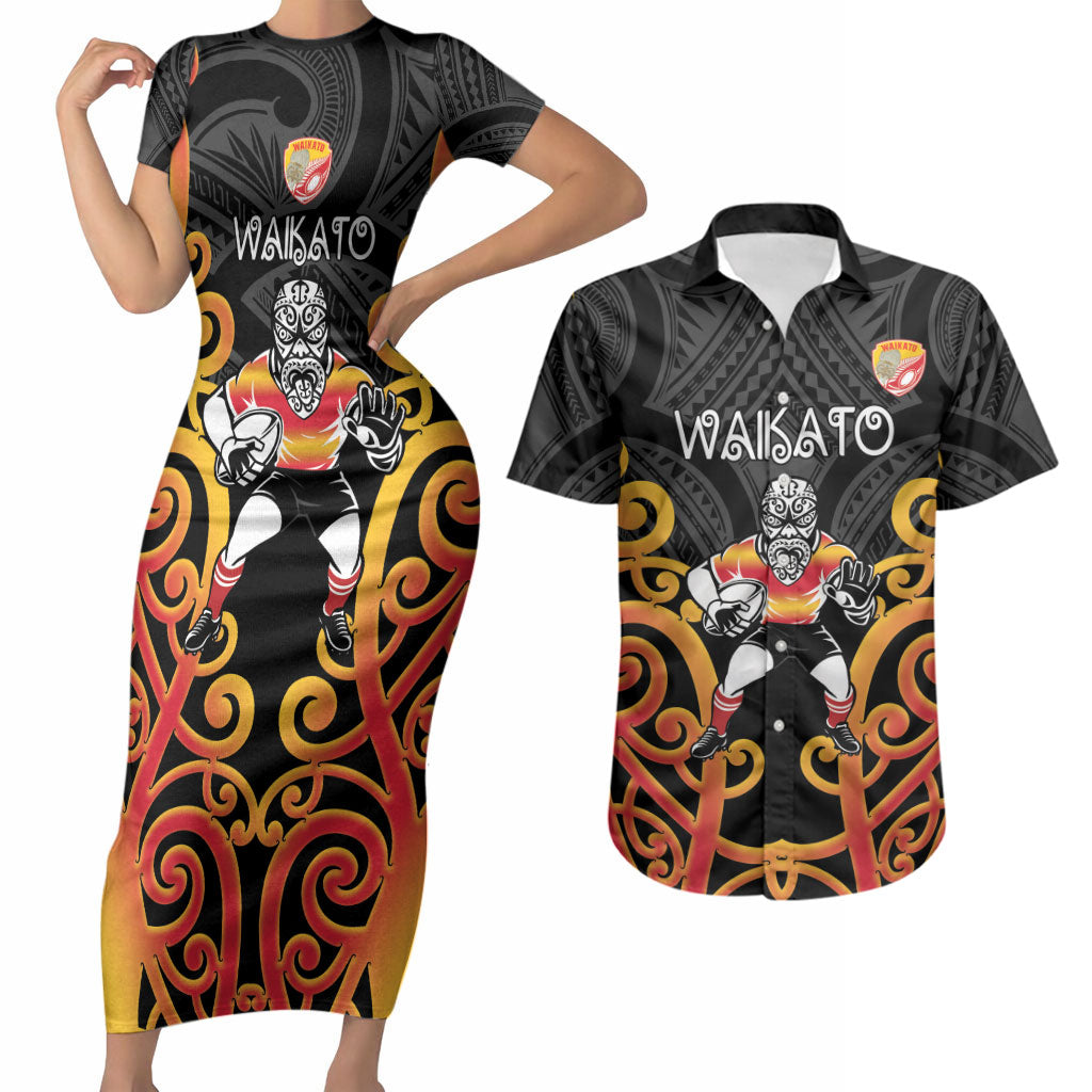 Waikato Custom Rugby New Zealand Couples Matching Short Sleeve Bodycon Dress and Hawaiian Shirt Aotearoa Maori Pukana Tiki Mascot