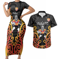 Waikato Custom Rugby New Zealand Couples Matching Short Sleeve Bodycon Dress and Hawaiian Shirt Aotearoa Maori Pukana Tiki Mascot