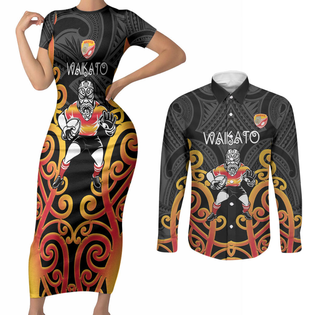 Waikato Custom Rugby New Zealand Couples Matching Short Sleeve Bodycon Dress and Long Sleeve Button Shirt Aotearoa Maori Pukana Tiki Mascot