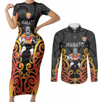 Waikato Custom Rugby New Zealand Couples Matching Short Sleeve Bodycon Dress and Long Sleeve Button Shirt Aotearoa Maori Pukana Tiki Mascot