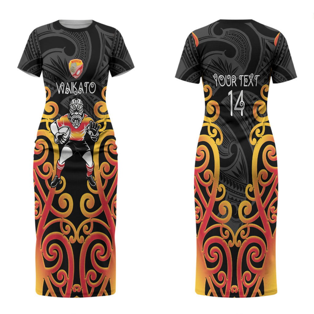 Waikato Custom Rugby New Zealand Couples Matching Short Sleeve Bodycon Dress and Long Sleeve Button Shirt Aotearoa Maori Pukana Tiki Mascot