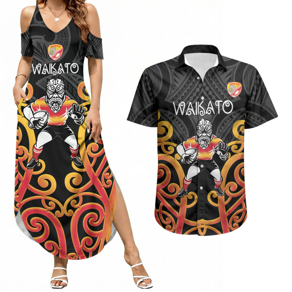 Waikato Custom Rugby New Zealand Couples Matching Summer Maxi Dress and Hawaiian Shirt Aotearoa Maori Pukana Tiki Mascot