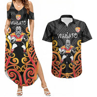 Waikato Custom Rugby New Zealand Couples Matching Summer Maxi Dress and Hawaiian Shirt Aotearoa Maori Pukana Tiki Mascot
