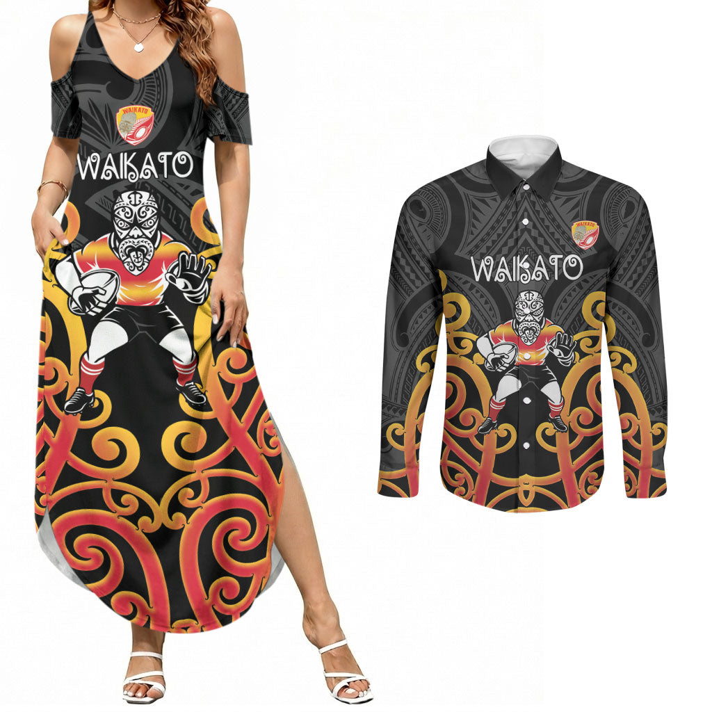 Waikato Custom Rugby New Zealand Couples Matching Summer Maxi Dress and Long Sleeve Button Shirt Aotearoa Maori Pukana Tiki Mascot