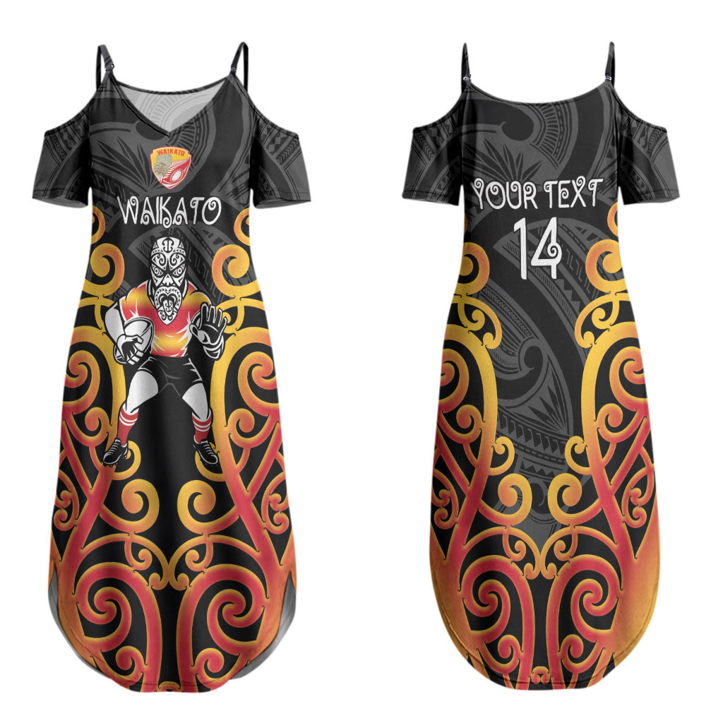 Waikato Custom Rugby New Zealand Couples Matching Summer Maxi Dress and Long Sleeve Button Shirt Aotearoa Maori Pukana Tiki Mascot