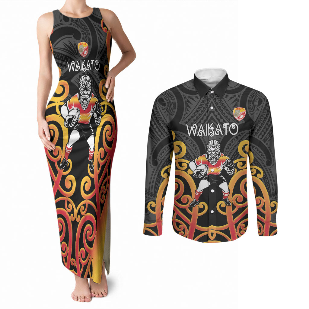 Waikato Custom Rugby New Zealand Couples Matching Tank Maxi Dress and Long Sleeve Button Shirt Aotearoa Maori Pukana Tiki Mascot