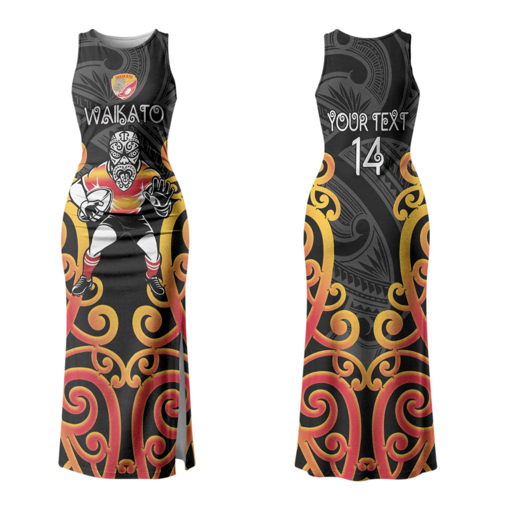 Waikato Custom Rugby New Zealand Couples Matching Tank Maxi Dress and Long Sleeve Button Shirt Aotearoa Maori Pukana Tiki Mascot