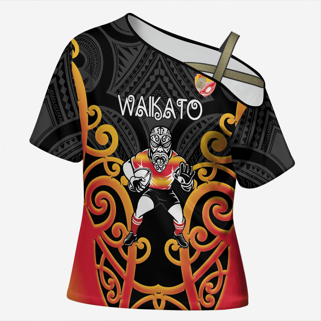 Waikato Custom Rugby New Zealand Cross Shoulder Shirt Aotearoa Maori Pukana Tiki Mascot