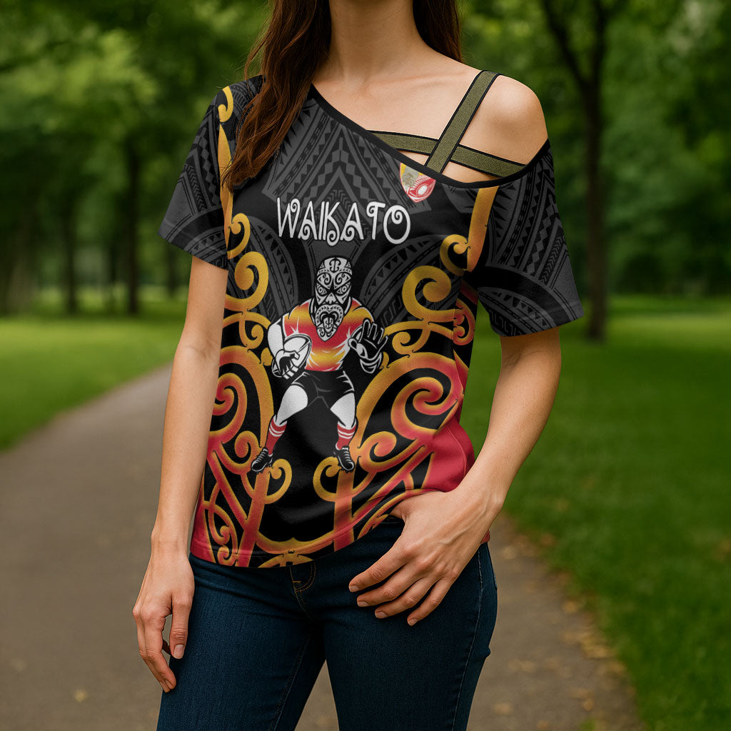 Waikato Custom Rugby New Zealand Cross Shoulder Shirt Aotearoa Maori Pukana Tiki Mascot