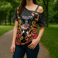 Waikato Custom Rugby New Zealand Cross Shoulder Shirt Aotearoa Maori Pukana Tiki Mascot