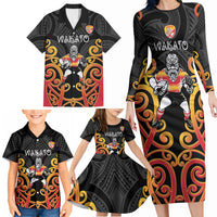 Waikato Custom Rugby New Zealand Family Matching Long Sleeve Bodycon Dress and Hawaiian Shirt Aotearoa Maori Pukana Tiki Mascot