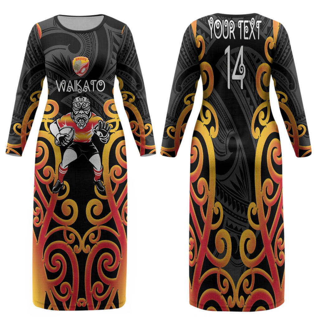 Waikato Custom Rugby New Zealand Family Matching Long Sleeve Bodycon Dress and Hawaiian Shirt Aotearoa Maori Pukana Tiki Mascot