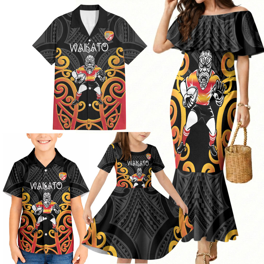 Waikato Custom Rugby New Zealand Family Matching Mermaid Dress and Hawaiian Shirt Aotearoa Maori Pukana Tiki Mascot