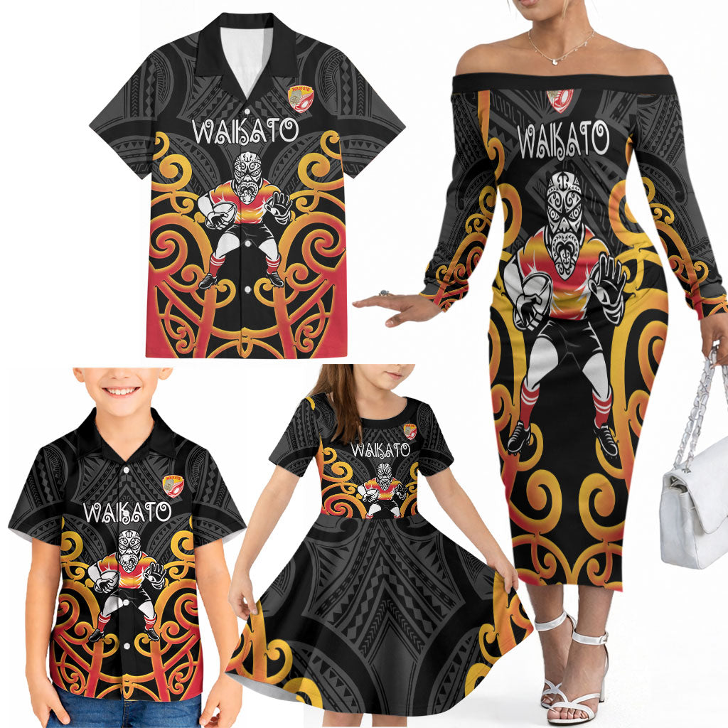 Waikato Custom Rugby New Zealand Family Matching Off The Shoulder Long Sleeve Dress and Hawaiian Shirt Aotearoa Maori Pukana Tiki Mascot