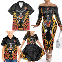 Waikato Custom Rugby New Zealand Family Matching Off The Shoulder Long Sleeve Dress and Hawaiian Shirt Aotearoa Maori Pukana Tiki Mascot
