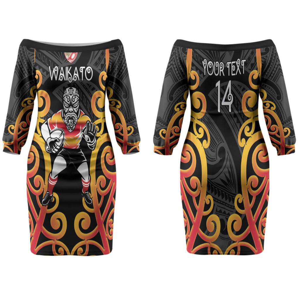 Waikato Custom Rugby New Zealand Family Matching Off The Shoulder Long Sleeve Dress and Hawaiian Shirt Aotearoa Maori Pukana Tiki Mascot
