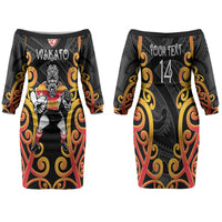 Waikato Custom Rugby New Zealand Family Matching Off The Shoulder Long Sleeve Dress and Hawaiian Shirt Aotearoa Maori Pukana Tiki Mascot