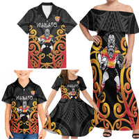 Waikato Custom Rugby New Zealand Family Matching Off Shoulder Maxi Dress and Hawaiian Shirt Aotearoa Maori Pukana Tiki Mascot