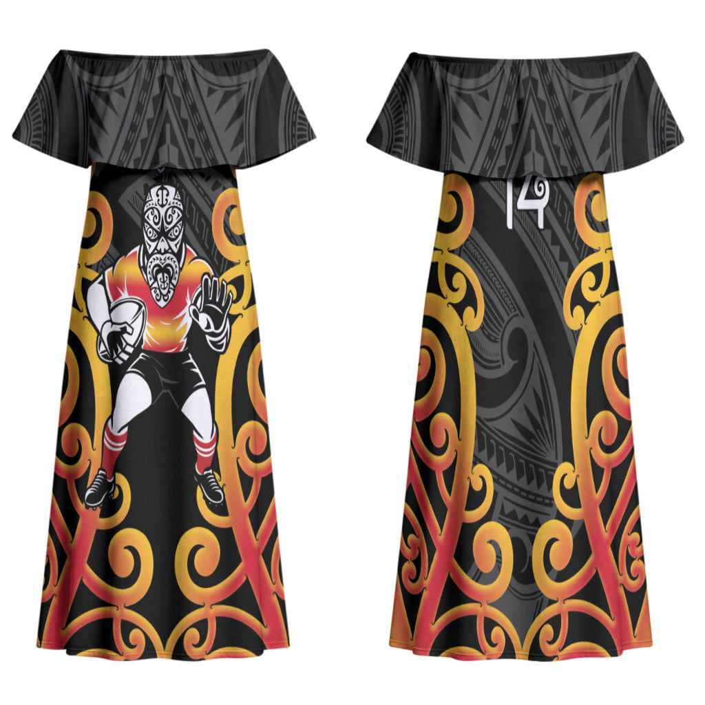 Waikato Custom Rugby New Zealand Family Matching Off Shoulder Maxi Dress and Hawaiian Shirt Aotearoa Maori Pukana Tiki Mascot