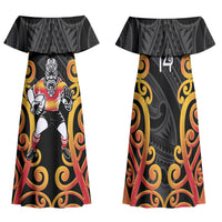 Waikato Custom Rugby New Zealand Family Matching Off Shoulder Maxi Dress and Hawaiian Shirt Aotearoa Maori Pukana Tiki Mascot