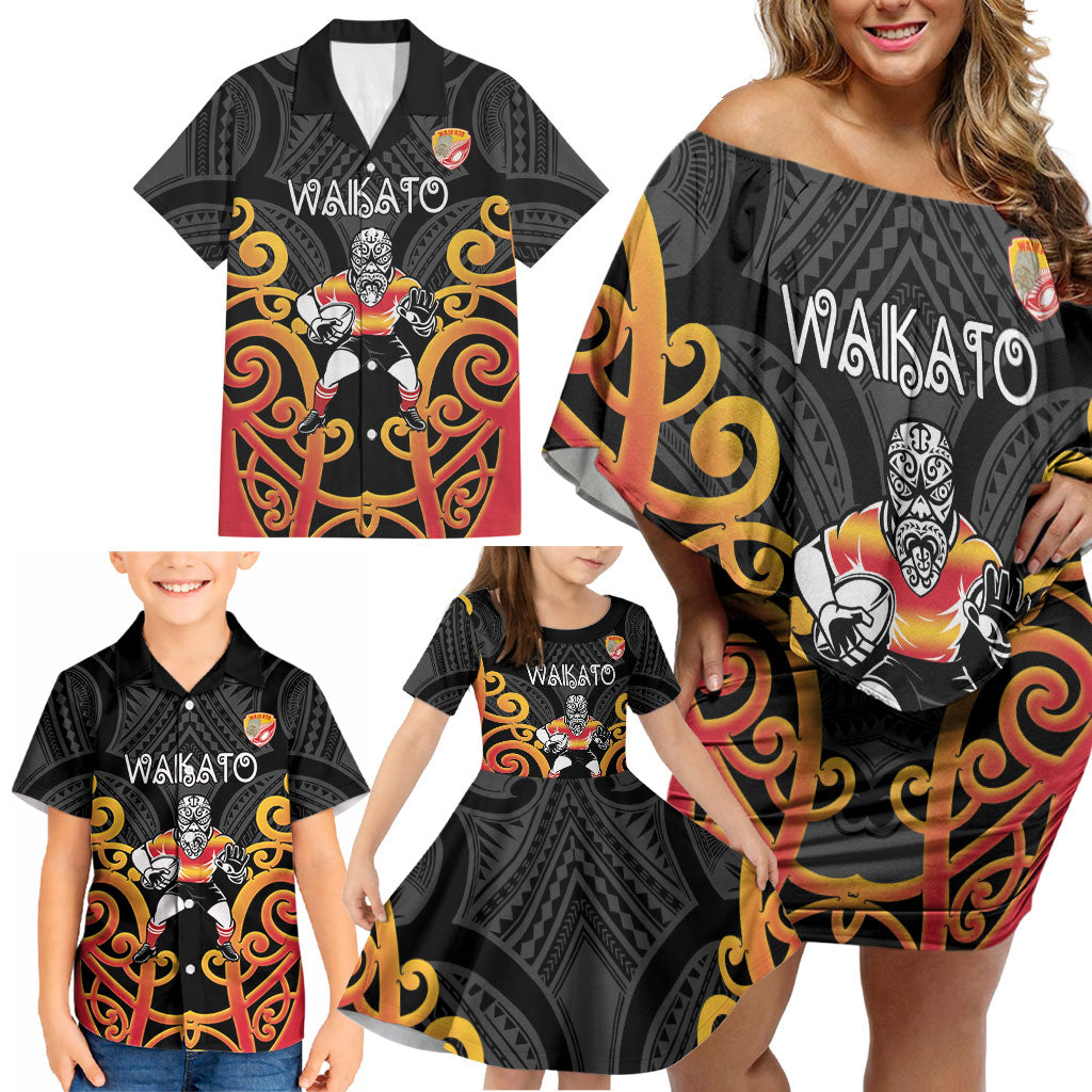 Waikato Custom Rugby New Zealand Family Matching Off Shoulder Short Dress and Hawaiian Shirt Aotearoa Maori Pukana Tiki Mascot