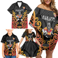 Waikato Custom Rugby New Zealand Family Matching Off Shoulder Short Dress and Hawaiian Shirt Aotearoa Maori Pukana Tiki Mascot