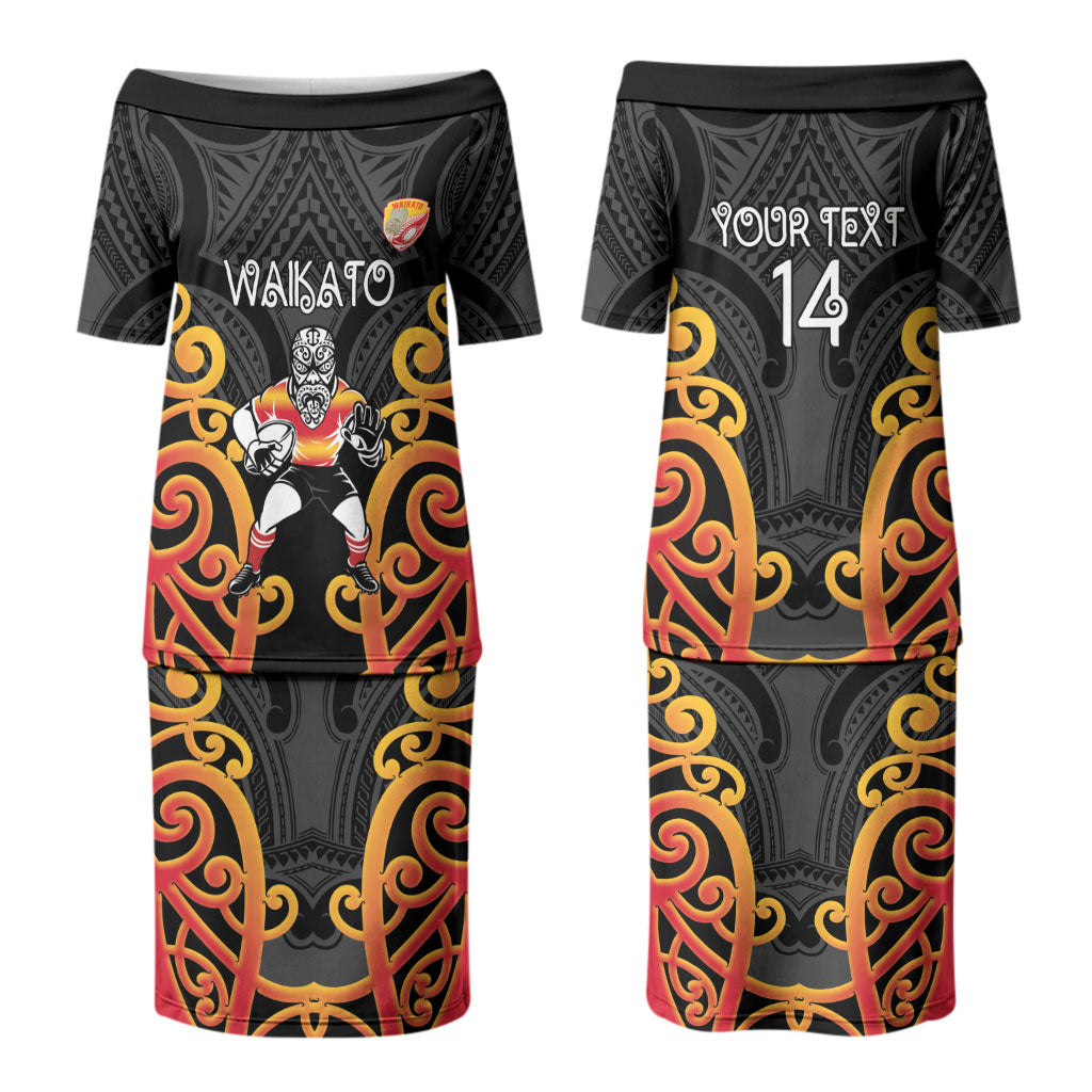 Waikato Custom Rugby New Zealand Family Matching Puletasi and Hawaiian Shirt Aotearoa Maori Pukana Tiki Mascot